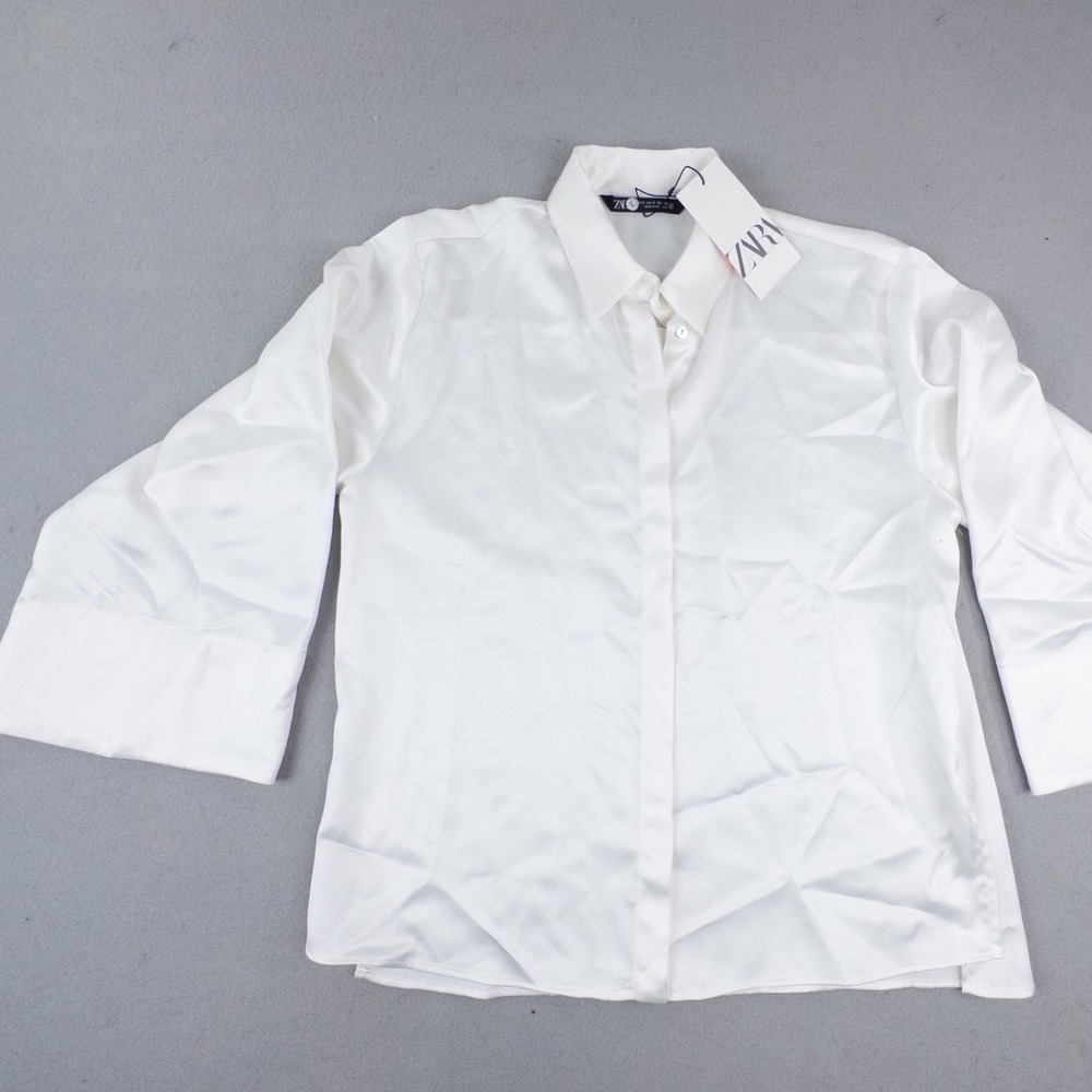 NWT Zara White Satin Long Sleeve Button Down Blouse Size S